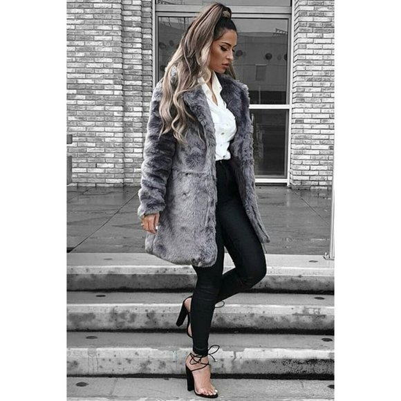 Gray Faux Fur Long Sleeve Collared Midi Coat - Picture 5 of 15